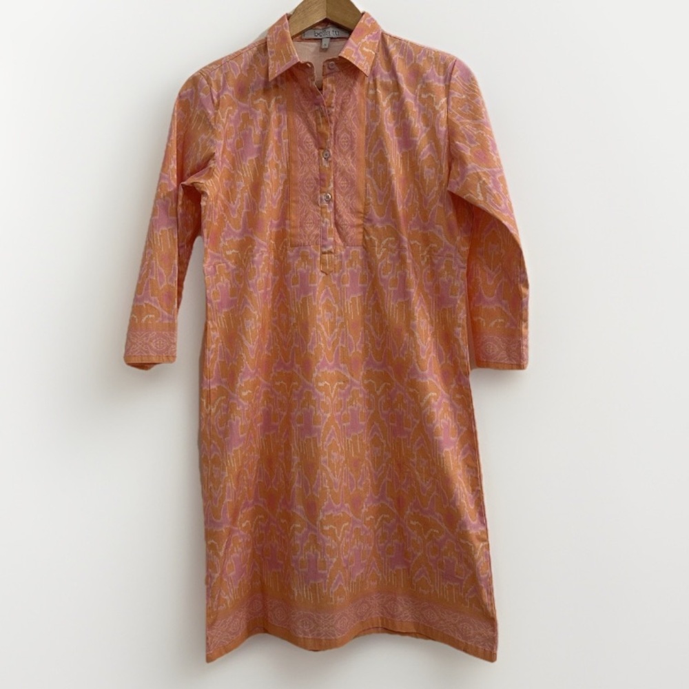 Bella Tu Dress Collar V Neck 3/4 Sleeve Vibrant Orange & Pink Women’s Size S - Picture 2 of 10